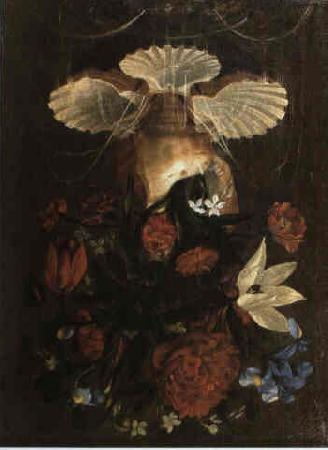 Juan de  Espinosa Floral still life arranged in conch shell oil painting image